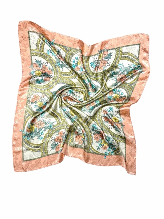 Accessories - Silk Jacquard Square Scarf White Peach Floral Medallion Print Hand Rolled 29x29"